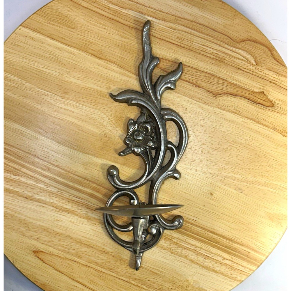 Silver Metal Floral Wall Sconce Taper Candle Holder Traditional 12in Decorative
